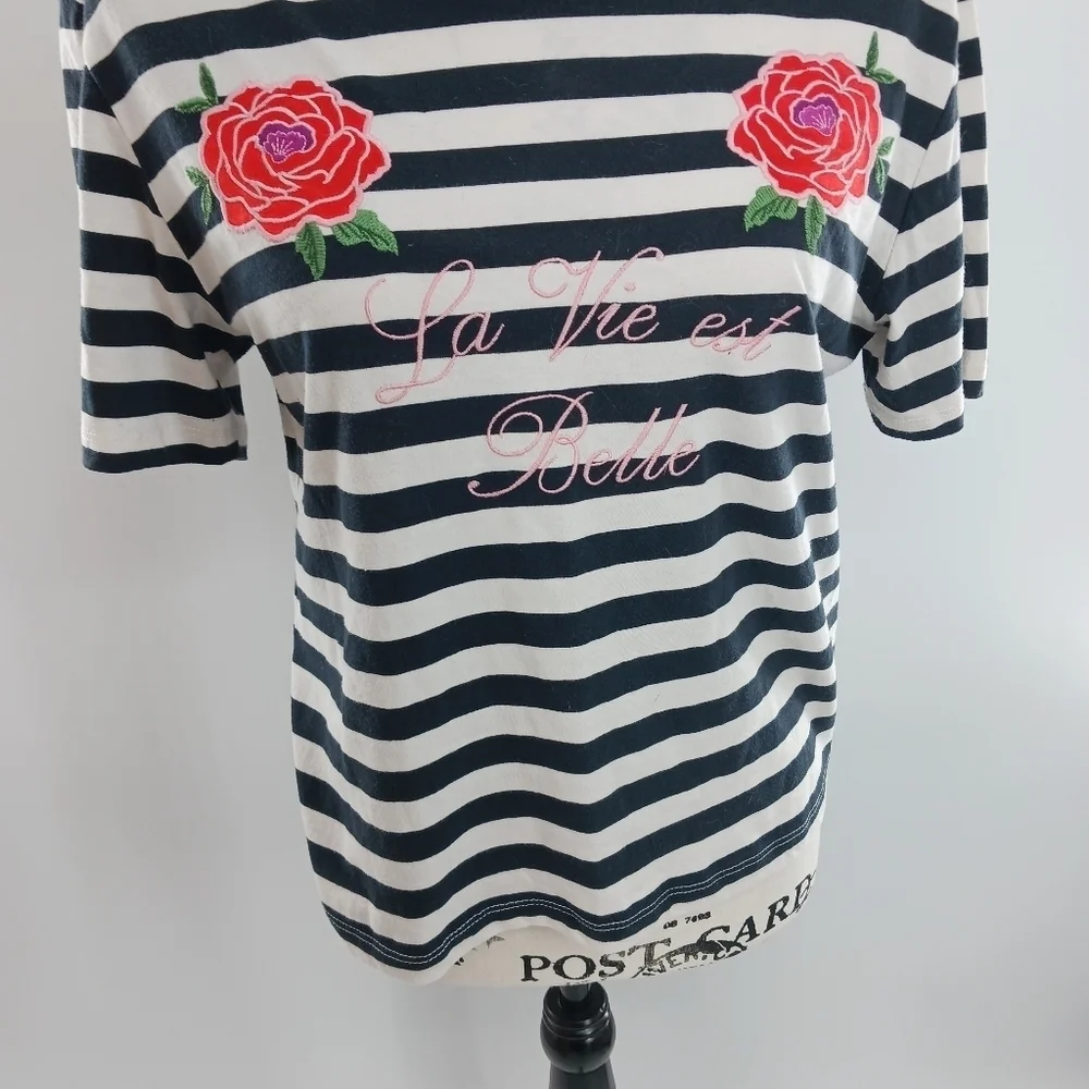 Forever 21 Womens S Navy White Striped Rose Patch Tee La Vie Est Belle - Picture 2 of 5